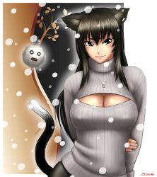Rule 34 | 1girl, animal ears, arm grab, arms behind back, black hair, blush, border, borrowed character, breasts, brown eyes, cat ears, cat tail, cleavage, cleavage cutout, clothing cutout, contrapposto, covered erect nipples, dated, jewelry, kedama (touhou), large breasts, lips, long hair, meme attire, necklace, nukonabe (koppe pan), open-chest sweater, original, ribbed sweater, smile, snowing, solo, standing, sweater, taikyokuturugi, tail, touhou, turtleneck