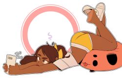 Rule 34 | 1girl, absurdres, bare legs, bean bag chair, boondraws, brown eyes, brown hair, cellphone, circle, coffee (boondraws), crop top, dark-skinned female, dark skin, english text, feet up, forehead, from side, full body, highres, holding, holding phone, legs, light soles, long hair, looking at phone, lying, midriff, on stomach, original, outline with lineart, phone, rolling eyes, shirt, shoe soles, short shorts, short sleeves, shorts, smartphone, soles, solo, sound effects, squiggle, stuffed toy, sweat, thick eyebrows, tongue, tongue out, top-down bottom-up, two-tone shorts, typing, v arms, white background, white footwear, white shirt, yellow shorts