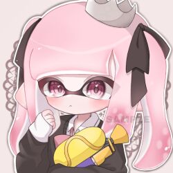 Rule 34 | 1girl, closed mouth, commentary, commission, crown, grey background, gun, highres, holding, holding gun, holding weapon, inkling, inkling girl, inkling player character, long hair, looking at viewer, nintendo, pink eyes, pink hair, pointy ears, sample watermark, sh f0y, simple background, solo, splatoon (series), splatoon 3, splattershot (splatoon), tentacle hair, upper body, watermark, weapon
