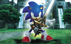 Rule 34 | 1boy, 3d, caliburn (sonic), furry, furry male, gauntlets, grass, hedgehog, highres, looking at viewer, official art, official wallpaper, sonic (series), sonic and the black knight, sonic the hedgehog, sword, tree, wallpaper, water, waterfall, weapon