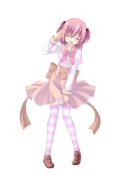 Rule 34 | 1girl, absurdres, bad id, bad pixiv id, closed eyes, dress, full body, hair bobbles, hair ornament, highres, leanbox, original, pink hair, sasakura momiji, school uniform, shoes, short hair, smile, solo, striped clothes, striped thighhighs, thighhighs, transparent background, twintails, two side up, waving, white background