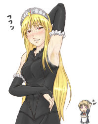 Rule 34 | 00s, 2girls, armpit hair, armpits, blonde hair, blush, breasts, bridal gauntlets, crown, elbow gloves, female focus, flandre (kaibutsu oujo), gloves, hat, hime (kaibutsu oujo), kaibutsu oujo, long hair, maid, multiple girls, navel, red eyes, simple background, smell, source request, standing, sweat, white background