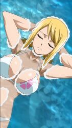 Rule 34 | 1girl, arms behind head, bikini, blonde hair, breasts, cleavage, closed eyes, collarbone, fairy tail, floating, floating breasts, highres, large breasts, lucy heartfilia, screencap, sidelocks, stitched, swimsuit, third-party edit, water, white bikini, wide hips