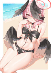Rule 34 | 1girl, angel wings, bare arms, bare shoulders, beach, bikini, black bikini, black bow, black hair, black wings, blue archive, blush, bow, breasts, closed mouth, collarbone, day, fangxiang cuoluan, feathered wings, floral print, front-tie bikini top, front-tie top, groin, hair between eyes, hair bow, hair over one eye, halo, head wings, highres, koharu (blue archive), koharu (swimsuit) (blue archive), long hair, looking at viewer, low twintails, low wings, navel, official alternate costume, outdoors, pink eyes, pink hair, pink halo, print bikini, sand, sitting, small breasts, solo, stomach, swimsuit, thighs, twintails, wings