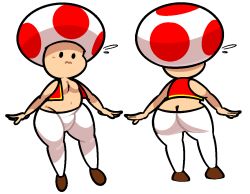 Rule 34 | . ., 1boy, ass, bare shoulders, black eyes, blush, brown footwear, bulge, butt crack, closed mouth, flying sweatdrops, from behind, full body, jaggy lines, light blush, male focus, mario (series), multiple views, navel, nintendo, open clothes, open vest, pants, red vest, shoes, simple background, standing, stomach, toad (mario), vest, vilepluff, wavy mouth, white background, white pants
