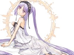 Rule 34 | 1girl, absurdly long hair, bad id, bad pixiv id, bare shoulders, black ribbon, choker, dress, euryale (fate), euryale (third ascension) (fate), eyebrows, fate/grand order, fate/hollow ataraxia, fate (series), flower, frilled dress, frills, hairband, halo, headdress, lolita hairband, long hair, nikuben, purple eyes, purple hair, ribbon, see-through, signature, smile, solo, twintails, very long hair, white background, white dress