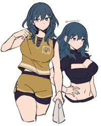 Rule 34 | 1girl, bare arms, bare shoulders, black shirt, blue eyes, blue hair, breasts, byleth (female) (fire emblem), byleth (fire emblem), cleavage, cleavage cutout, clothing cutout, commentary request, crop top, cropped legs, do m kaeru, fire emblem, fire emblem: three houses, hand on own hip, large breasts, long sleeves, midriff, multiple views, navel, nintendo, shirt, short shorts, shorts, simple background, sleeveless, sleeveless shirt, standing, stomach, white background, yellow shirt, yellow shorts