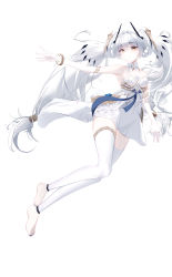 Rule 34 | 1girl, absurdres, bare shoulders, barefoot, bracelet, breasts, closed mouth, collar, detached collar, dress, elbow gloves, floating hair ornament, gloves, hair between eyes, headgear, highres, hui night, jewelry, long hair, luna: laurel (fiery moon) (punishing: gray raven), luna (punishing: gray raven), medium breasts, orange eyes, punishing: gray raven, thighhighs, thighlet, twintails, white background, white collar, white dress, white gloves, white hair, white thighhighs