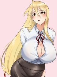 Rule 34 | 1girl, absurdres, blonde hair, breasts, cleavage, highres, highschool of the dead, huge breasts, marikawa shizuka, nipples, office lady, open clothes, tagme, ushijidraws, yellow eyes
