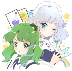 Rule 34 | 2girls, artist name, azuma aya, between fingers, blue eyes, braid, buttons, closed mouth, commentary request, eyelashes, frog hair ornament, gohei, green eyes, green hair, hair ornament, holding, holding knife, izayoi sakuya, knife, knives between fingers, kochiya sanae, long hair, looking at viewer, maid, multiple girls, nontraditional miko, one eye closed, portrait, rainbow, sidelocks, silver hair, simple background, single hair tube, smile, snake hair ornament, touhou, twin braids, unconnected marketeers, v-shaped eyebrows, white background, wing collar