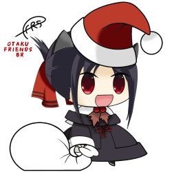 animal_ears black_dress black_hair cat_ears christmas dress highres kaguya-sama_wa_kokurasetai_~tensai-tachi_no_renai_zunousen~ meme padoru_(meme) red_eyes school_uniform shinomiya_kaguya short_hair solo