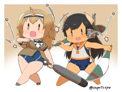 Rule 34 | &gt;:o, 2girls, :o, beans, black hair, blouse, blue one-piece swimsuit, blush, brown eyes, capriccyo, commentary, full body, hairband, headgear, horns, i-26 (kancolle), i-400 (kancolle), jacket, jacket over swimsuit, kantai collection, light brown hair, long hair, machinery, multiple girls, new school swimsuit, one-piece swimsuit, open mouth, orange sailor collar, purple eyes, sailor collar, sailor shirt, sandals, school swimsuit, setsubun, shirt, short sleeves, single horn, sleeveless, sleeveless shirt, standing, swimsuit, swimsuit under clothes, tan, torpedo, two-tone hairband, two side up, v-shaped eyebrows, white shirt