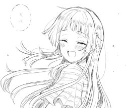 Rule 34 | 1girl, :d, ^ ^, bang dream!, blush, closed eyes, greyscale, harusawa, long hair, looking at viewer, looking back, monochrome, open mouth, shirt, smile, solo, striped clothes, striped shirt, tsurumaki kokoro, upper body