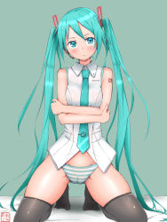 Rule 34 | 1girl, absurdres, amego, aqua background, artist name, bare shoulders, black thighhighs, blue hair, blue necktie, blue panties, blush, breasts, cameltoe, cleft of venus, crossed arms, dated, earpiece, female focus, hair ornament, hatsune miku, highres, jpeg artifacts, kneeling, long hair, looking at viewer, matching hair/eyes, necktie, number tattoo, open mouth, panties, parted lips, shirt, skindentation, sleeveless, sleeveless shirt, small breasts, solo, spread legs, striped clothes, striped panties, tattoo, thighhighs, translated, twintails, underwear, vocaloid, white shirt