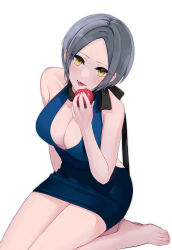 Rule 34 | 1girl, absurdres, bare arms, bare legs, bare shoulders, barefoot, blue dress, blush, breasts, dress, feet, food, fruit, grey hair, hayami kanade, highres, holding, holding food, holding fruit, idolmaster, idolmaster cinderella girls, kneeling, large breasts, looking at viewer, parted bangs, plunging neckline, pomegranate, short hair, sleeveless, sleeveless dress, solo, toenails, toes, woruka, yellow eyes