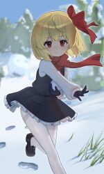 Rule 34 | 1girl, absurdres, black footwear, black gloves, black skirt, black vest, blonde hair, blurry, blurry background, day, footprints, frilled skirt, frills, gloves, grass, hair ribbon, highres, loafers, lulumiya (abbb1233), medium hair, pantyhose, red eyes, red ribbon, red scarf, ribbon, rumia, scarf, shirt, shoes, skirt, smile, snow, snowball, solo, touhou, tree, vest, white pantyhose, white shirt, winter