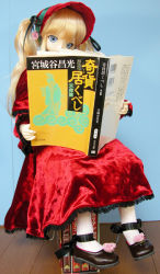 Rule 34 | 00s, 1girl, blonde hair, blue eyes, bonnet, book, dress, figure, holding, holding book, looking at viewer, mary janes, open book, photo (medium), reading, red dress, rozen maiden, shinku, shoes, sidelocks, sitting, solo, text focus, twintails, white legwear