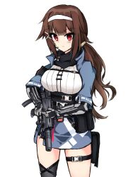 Rule 34 | 1girl, blue dress, blush, breasts, brown hair, bullpup, closed mouth, commentary request, cowboy shot, dress, girls&#039; frontline, gun, highres, holding, holding gun, holding weapon, js 9 (girls&#039; frontline), js 9 mm, koppa (mgim4428000), large breasts, long hair, looking at viewer, medium breasts, microphone, pouch, red eyes, scope, simple background, solo, submachine gun, suppressor, thigh pouch, thigh strap, thighs, weapon, white background