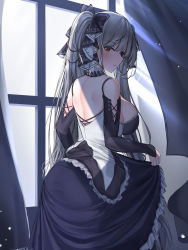 Rule 34 | 1girl, absurdres, azur lane, backless dress, backless outfit, bare shoulders, black dress, breasts, cleavage, clothing cutout, dress, formidable (azur lane), frilled dress, frills, from behind, gothic lolita, grey hair, hair ribbon, highres, indoors, large breasts, lemontea (ekvr5838), lolita fashion, long hair, looking at viewer, looking back, red eyes, ribbon, shoulder cutout, solo, twintails, two-tone dress, two-tone ribbon, very long hair, window
