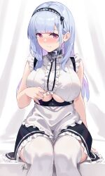 Rule 34 | 1girl, absurdres, anchor choker, apron, arm support, azur lane, bare shoulders, black hairband, black skirt, blue hair, blunt bangs, blush, breasts, center frills, choker, clothes lift, clothing cutout, curtains, dido (azur lane), embarrassed, frilled apron, frilled choker, frilled shirt, frilled skirt, frills, gradient hair, hair behind ear, hairband, highres, kimi tsuru, lace-trimmed hairband, lace trim, large breasts, lifted by self, long hair, looking at viewer, maid, maid apron, maid headdress, multicolored hair, pink eyes, pink hair, shirt, sidelocks, signature, sitting, skirt, sleeveless, thighhighs, thighs, underboob, underboob cutout, waist apron, white apron, white thighhighs, zettai ryouiki