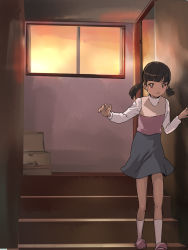 Rule 34 | atlus, blush, brown hair, door, doujima nanako, long skirt, makacoon, persona, persona 4, skirt, slippers, solo, stairs, sunset, twintails