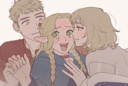 Rule 34 | 1boy, 2girls, :d, bisexual female, blonde hair, blue capelet, blue jacket, blue robe, blush, boy and girl sandwich, braid, capelet, choker, commentary request, curtained hair, dungeon meshi, ear blush, elf, falin touden, french braid, full-face blush, furrowed brow, green eyes, grey shirt, hair ribbon, interlocked fingers, jacket, korean commentary, laios touden, light blush, long hair, looking at another, marcille donato, medium hair, multiple girls, nervous, nervous smile, nervous sweating, open mouth, pointy ears, red choker, red ribbon, red shirt, ribbon, robe, sandwiched, shirt, short hair, simple background, smile, spacearu, sweat, twin braids, upper body, white background, yellow eyes