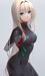 Rule 34 | 1girl, an-94 (girls&#039; frontline), aqua eyes, ass, ayanami rei, ayanami rei (cosplay), black bodysuit, black hairband, blonde hair, bodysuit, breasts, closed mouth, commentary request, cosplay, evangelion: 3.0 you can (not) redo, from side, girls&#039; frontline, grey background, hairband, head tilt, long hair, looking at viewer, medium breasts, neon genesis evangelion, no hands, platinum blonde hair, plugsuit, rebuild of evangelion, sidelocks, solo, urano ura