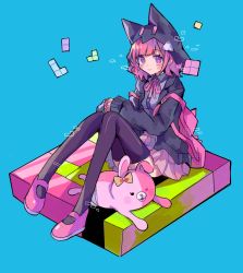 Rule 34 | backpack, bag, black jacket, blue background, blush, bow, brown skirt, collared shirt, commentary request, danganronpa (series), danganronpa 2: goodbye despair, dress shirt, ear bow, green background, highres, hood, hood up, hooded jacket, jacket, knees up, long sleeves, lying, medium hair, monomi (danganronpa), nanami chiaki, neck ribbon, on stomach, open clothes, open jacket, own hands together, pink bag, pink eyes, pink footwear, pink ribbon, pleated skirt, ribbon, shirt, simple background, sitting, skirt, smile, tetris, thighhighs, triangle hair ornament, two-tone shirt, yuno (ou35i)