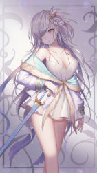 Rule 34 | 1girl, bare shoulders, breasts, brown eyes, cleavage, feather hair ornament, feathers, hair ornament, hair over one eye, long hair, looking at viewer, medium breasts, original, rinmmo, silver hair, simple background, solo, standing, sword, thighs, very long hair, weapon, wet, wet clothes