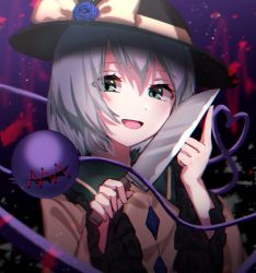 Rule 34 | 1girl, black hat, blouse, blue flower, blue rose, bow, collar, crystal, eyes visible through hair, flower, frills, gradient background, green eyes, hair between eyes, hands up, hat, hat bow, highres, knife, komeiji koishi, light, long sleeves, looking at viewer, mozuno (mozya 7), one-hour drawing challenge, open mouth, purple background, rose, shadow, shirt, short hair, silver hair, smile, solo, third eye, touhou, wide sleeves, yellow bow, yellow shirt, yellow sleeves