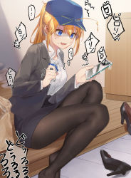 Rule 34 | 1girl, ahoge, artoria pendragon (fate), black pantyhose, black skirt, blazer, blonde hair, blue hat, breasts, clenched hand, collared shirt, fate/grand order, fate (series), full body, fuyuhi tsukika, hair between eyes, hands up, hat, highres, holding, holding phone, jacket, knees up, long hair, long sleeves, medium breasts, mysterious heroine x (fate), office lady, open mouth, pantyhose, phone, purple eyes, sandals, shirt, sidelocks, sitting, skirt, solo, speech bubble, sweat, tiles, trembling, white shirt, wooden floor