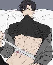 Rule 34 | 1boy, abs, bandages, black hair, black shirt, clothes lift, coat, dao (daao bf), flat color, green eyes, grey coat, highres, injury, long sleeves, looking at viewer, love and deepspace, male focus, mouth hold, muscular, muscular male, navel, pectorals, shirt, shirt lift, solo, zayne (love and deepspace)