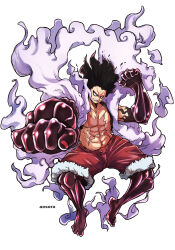 Rule 34 | 1boy, abs, alternate form, aosora2823, artist name, black hair, clenched hands, clenched teeth, commentary request, floating hair, full body, gear fourth, gear fourth: snakeman, highres, male focus, monkey d. luffy, one piece, scar, scar on chest, simple background, solo, teeth, topless male, white background