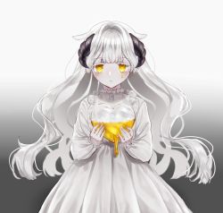 Rule 34 | animal ears, broken, colored tears, cowboy shot, crying, dress, eyelashes, frilled dress, frilled sleeves, frills, frown, glass, gradient background, heart, heart-shaped pupils, highres, holding, holding heart, horns, long hair, long sleeves, looking at viewer, original, sheep ears, sheep horns, spilling, streaming tears, symbol-shaped pupils, tears, transparent, uzuilerio, very long hair, wavy hair, white dress, white hair