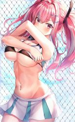 Rule 34 | 1girl, armpits, arms up, azur lane, bare arms, bare shoulders, black bra, bra, breasts, bremerton (azur lane), bremerton (scorching-hot training) (azur lane), caba (caba091), chain-link fence, cleavage, collared shirt, covering own mouth, cowboy shot, crop top, day, duplicate, fence, frown, glint, groin, hair ornament, hairclip, large breasts, long hair, looking at viewer, midriff, miniskirt, multicolored hair, navel, navel piercing, outdoors, piercing, pink eyes, pink hair, pleated skirt, shirt, skirt, sleeveless, sleeveless shirt, solo, standing, stomach, streaked hair, twintails, underwear, undressing, white shirt, white skirt, x hair ornament