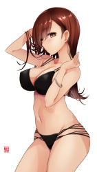 Rule 34 | 1girl, :o, bare shoulders, bikini, black bikini, blunt bangs, bracelet, breasts, brown eyes, brown hair, cleavage, collarbone, covered erect nipples, cowboy shot, groin, hands up, holding, holding hair, jewelry, kantai collection, large breasts, long hair, multi-strapped bikini, navel, ooi (kancolle), simple background, smile, stomach, sumeragi hamao, swimsuit, thighs, white background