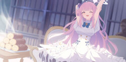 Rule 34 | 1girl, arms up, blue archive, cake, couple, desk, dress, food, hennnachoco, highres, mika (blue archive), one eye closed, pink hair, sitting, solo, swiss roll, white dress, yellow eyes