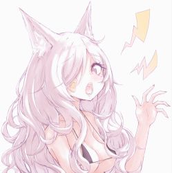 Rule 34 | 1girl, animal ear fluff, animal ears, bandaid, bandaid on cheek, bandaid on face, bare shoulders, bikini, bikini top only, black bikini, blush, breasts, buran (kure), claw pose, cleavage, collarbone, commentary request, fingernails, fox ears, grey background, hair over one eye, hand up, highres, long hair, looking at viewer, medium breasts, open mouth, original, simple background, solo, swimsuit, upper body, very long hair, white hair, yellow eyes