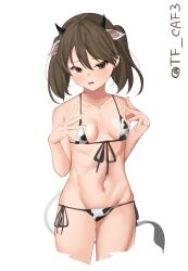 Rule 34 | 1girl, alternate costume, animal ears, animal print, bikini, breasts, brown hair, collarbone, cow ears, cow horns, cow print, cow print bikini, cow tail, cropped legs, fake animal ears, fake horns, fake tail, front-tie bikini top, front-tie top, groin, horns, kantai collection, looking at viewer, medium hair, micro bikini, navel, one-hour drawing challenge, open mouth, print bikini, ryuujou (kancolle), side-tie bikini bottom, small breasts, solo, swimsuit, tail, tf cafe, twintails, twitter username, white background