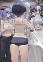 Rule 34 | 1boy, 3girls, absurdres, alternate costume, ass, ayaka (genshin impact), barber, barber cape, blue eyes, blue hair, blunt bangs, blunt tresses, breasts, crop top, crying, dolri, earrings, electric razor, ganyu (genshin impact), genshin impact, green eyes, grey hair, hair ribbon, highres, holding another&#039;s hair, indoors, jewelry, long hair, looking at mirror, medium breasts, mirror, mona (genshin impact), multiple girls, navel, open mouth, pants, reflection, ribbon, shirt, short hair, short shorts, shorts, stomach, taking picture, tank top, tress ribbon, white shirt, white tank top, yoga pants