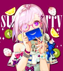 Rule 34 | 1girl, alternate costume, bad id, bad pixiv id, bare shoulders, bracelet, cellphone, dress, earrings, eyes visible through hair, fate/grand order, fate (series), glasses, hair between eyes, hair over one eye, highres, holding, holding phone, jewelry, light purple hair, looking at viewer, mash kyrielight, mona0101, necklace, phone, pink hair, purple eyes, purple hair, ring, short hair, smartphone, solo