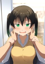 Rule 34 | 1girl, 1other, black hair, blush, breasts, cheek pull, collared shirt, commentary request, embarrassed, forced smile, gradient hair, green eyes, hair between eyes, half-closed eyes, hands on another&#039;s wrists, highres, looking at viewer, love live!, love live! nijigasaki high school idol club, medium breasts, multicolored hair, open mouth, pov, pov hands, shirt, streaked hair, sweatdrop, sweater, takasaki yu, twintails, wavy mouth, white shirt, window, yellow sweater, zasshoku ojisan
