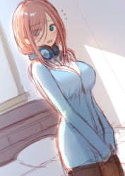 Rule 34 | 1girl, :o, bed, bed sheet, bedroom, blue cardigan, blue eyes, blush, breasts, brown hair, building, cardigan, cleavage, collared shirt, go-toubun no hanayome, hair between eyes, headphones, headphones around neck, house, indoors, kakaon, large breasts, long sleeves, looking at viewer, medium hair, nakano miku, open mouth, pantyhose, parted lips, pillow, shirt, solo, standing, surprised, white shirt, wide-eyed, window