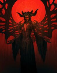Rule 34 | 1girl, bat wings, black horns, breasts, closed mouth, demon, demon girl, demon horns, demon wings, diablo (series), diablo 4, dress, highres, horns, jason engle, lilith (diablo), long sleeves, looking at viewer, medium breasts, red background, robe, solo, torn clothes, torn robe, wings