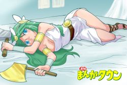 Rule 34 | 1girl, axe, bare shoulders, belt, blue eyes, breasts, dress, green eyes, green hair, jewelry, kid icarus, large breasts, long hair, looking at viewer, nintendo, open mouth, oyster (artist), palutena, solo, very long hair