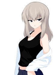 Rule 34 | 1girl, absurdres, aikir (jml5160), black shirt, blue eyes, blue pants, casual, commentary, girls und panzer, half-closed eyes, highres, itsumi erika, long sleeves, looking at viewer, medium hair, midriff, off shoulder, one-hour drawing challenge, open clothes, open shirt, pants, parted lips, shirt, silver hair, simple background, solo, standing, tank top, white background, white shirt