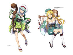 Rule 34 | 2girls, :d, absurdres, aqua choker, aqua headwear, aqua shorts, blonde hair, breasts, cleavage, collarbone, full body, gradient kimono, gradient sleeves, green eyes, hair between eyes, highres, holding, holding staff, japanese clothes, kimono, kneehighs, large breasts, leafa, leaning to the side, long hair, long sleeves, looking at viewer, medium breasts, multiple girls, official art, open mouth, pointy ears, ponytail, scarf, short kimono, shorts, simple background, sinon, smile, socks, staff, standing, sword art online, tabi, thigh strap, very long hair, white background, white headwear, white legwear, white scarf, wide sleeves