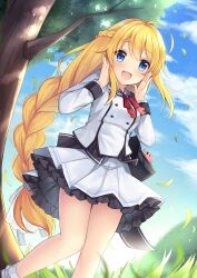 1girl ahoge blonde_hair blue_eyes braid breasts day highres long_hair long_sleeves looking_at_viewer medium_breasts original outdoors ruhika single_braid socks solo tree very_long_hair white_socks