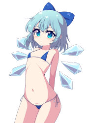 Rule 34 | 1girl, arms behind back, bikini, blue bow, blue eyes, blue hair, bow, breasts, cirno, commentary request, contrapposto, cowboy shot, hair bow, highres, ice, ice wings, looking at viewer, micro bikini, navel, petite, sabfish1229, simple background, small breasts, solo, swimsuit, touhou, white background, wings