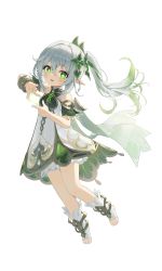 Rule 34 | 1girl, absurdres, bracelet, cape, commentary, cross-shaped pupils, detached sleeves, dress, finger frame, full body, genshin impact, green cape, green eyes, green hair, green sleeves, grey hair, hair between eyes, hair ornament, highres, jewelry, long hair, looking at viewer, nahida (genshin impact), one side up, open mouth, pellas (panix2383), pointy ears, simple background, sleeveless, sleeveless dress, solo, stirrup footwear, symbol-shaped pupils, white background, white dress, white footwear